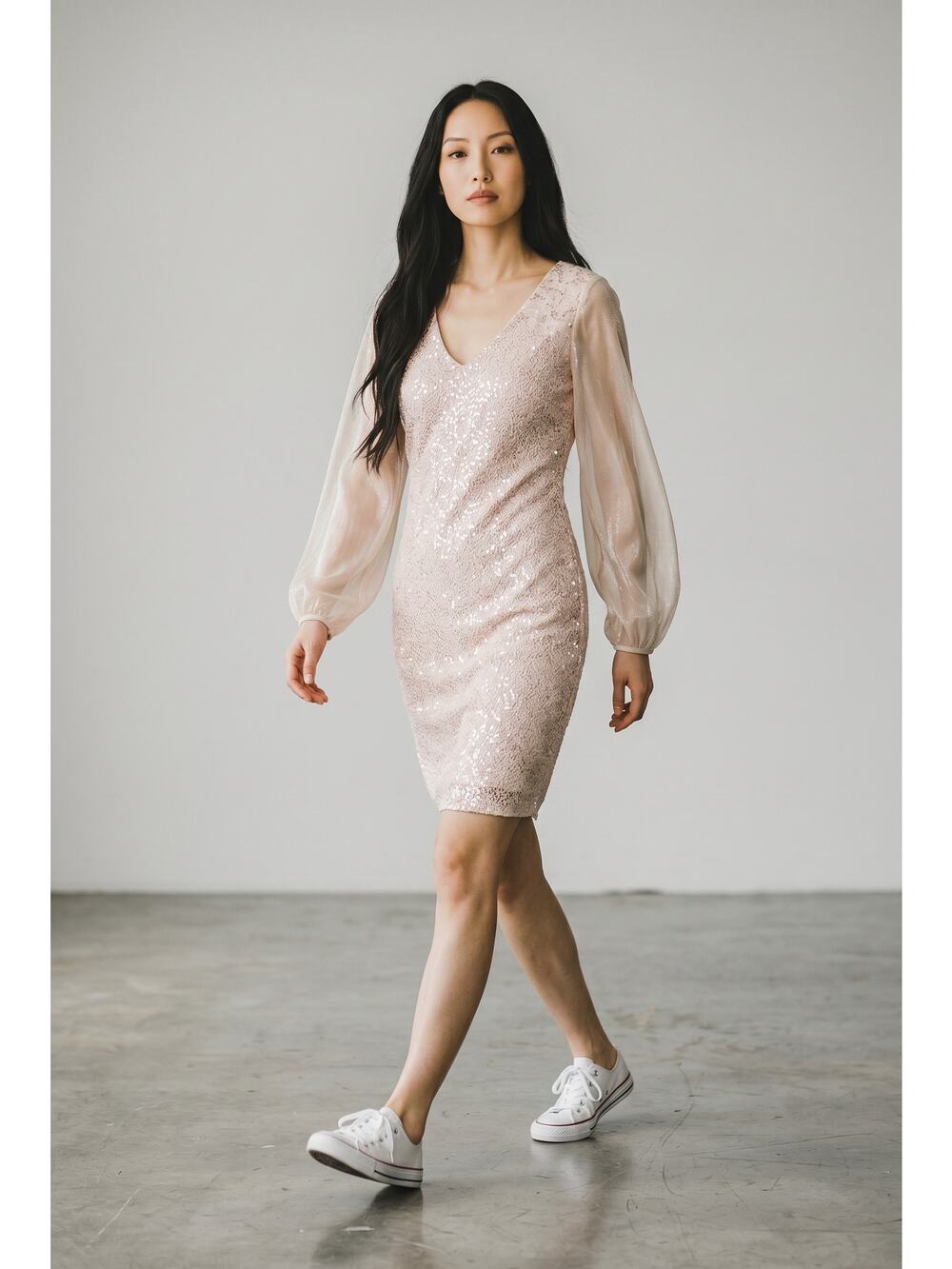 Kay Unger Sheath Dress Womens 12 Blush Pink Sequin Lace Long Sleeve Sheer Boho - Picture 1 of 14